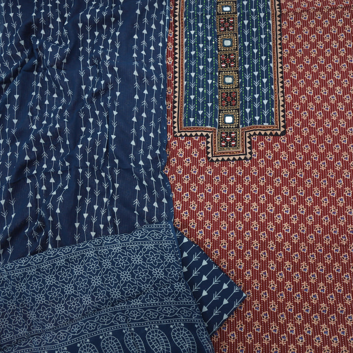 Ruhani Peacock Blue Ajrak Printed Cotton Top With Cotton Dupatta