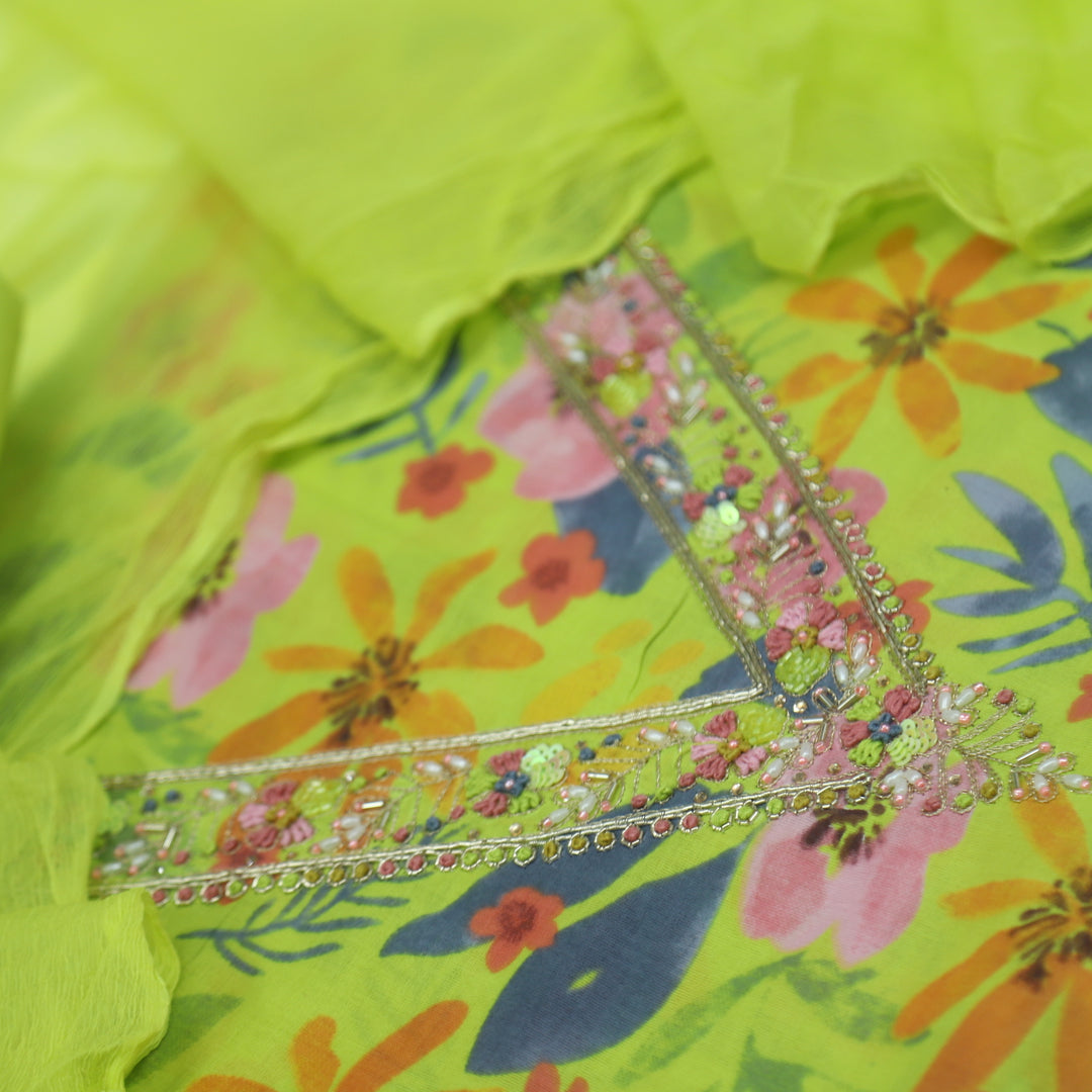 Haseen Lime Green V Neck Printed Cotton Top with Chiffon Dupatta-D2