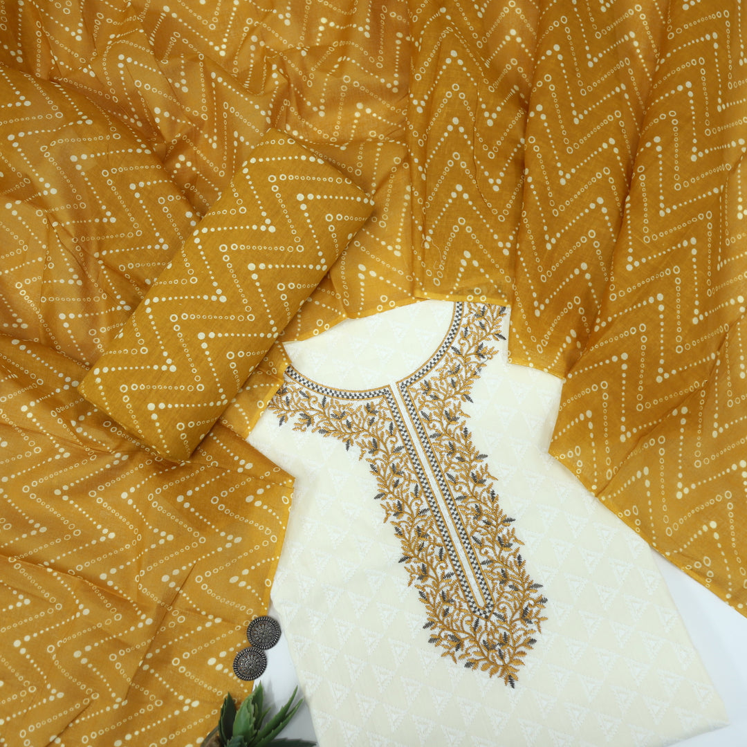 Lehjaa Chrome Yellow Thread Work Cotton Top With Cotton Dupatta Set