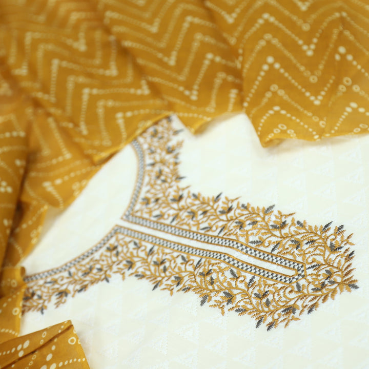 Lehjaa Chrome Yellow Thread Work Cotton Top With Cotton Dupatta Set