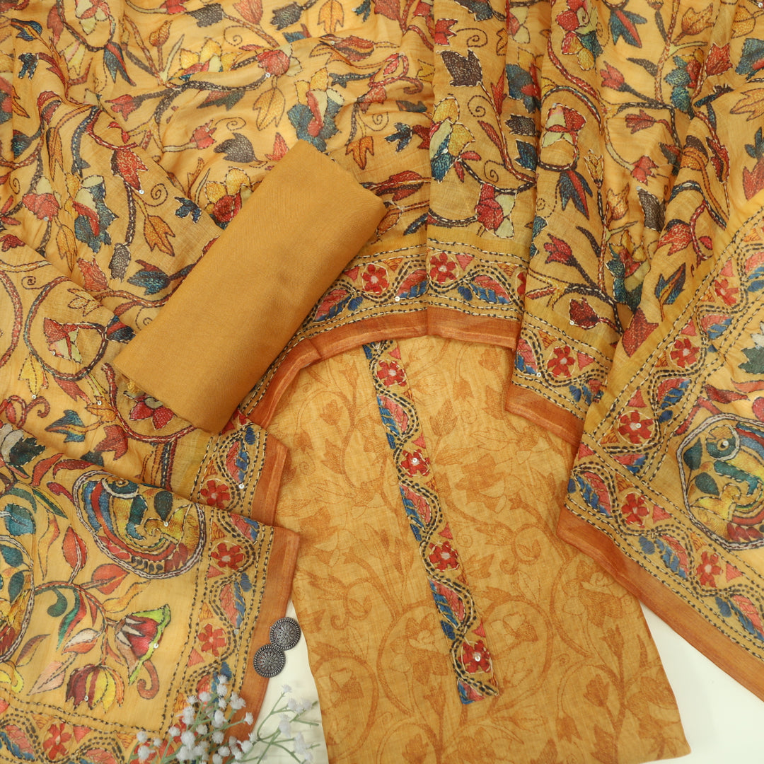 Mukammal Cheddar Orange Chanderi Top with Kantha Work Chanderi Dupatta