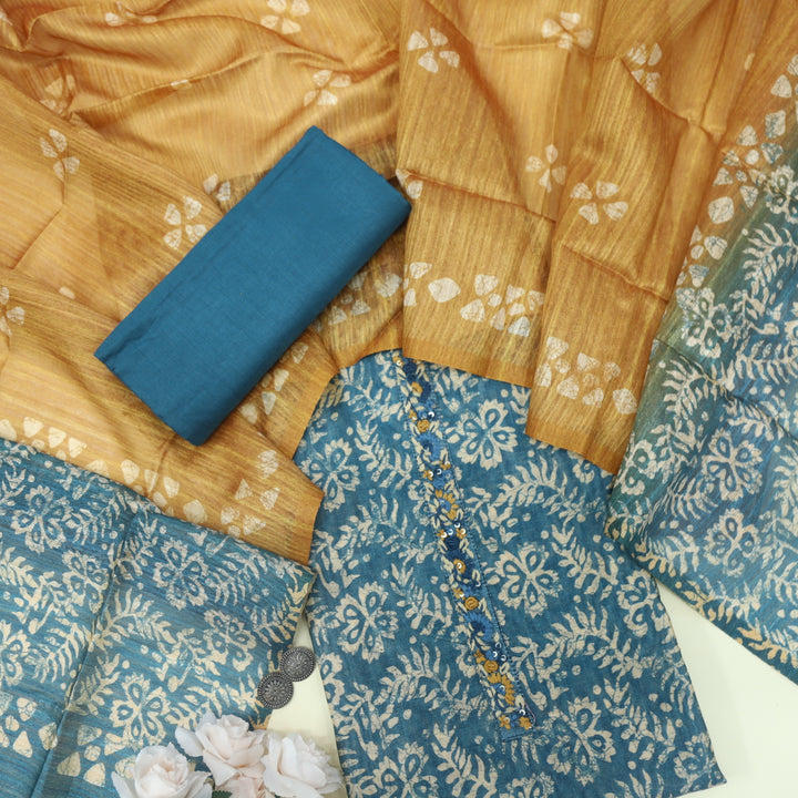 Mukammal Ocean Blue Chanderi Top with Chanderi Dupatta