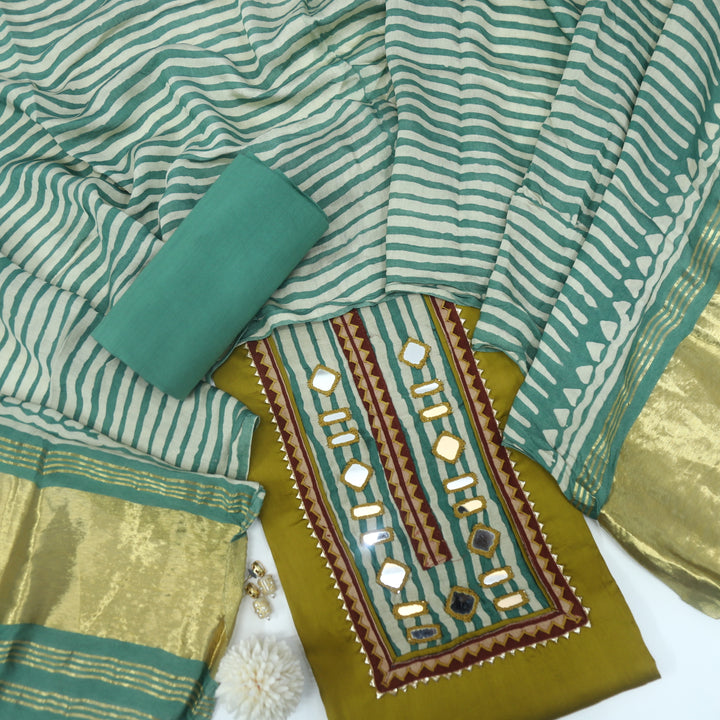 Ruhani Olive Green Jam Cotton Satin Top With Gajji Silk Dupatta