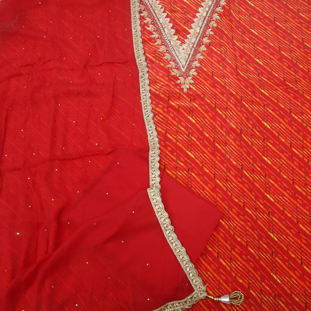 Ranjish Crimson Red V Neck Muslin Top With Chiffon Dupatta