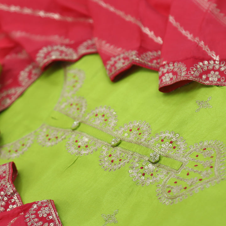 Nayaab Lime Green Dola Silk Top with Dola Silk Dupatta