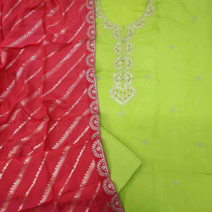 Nayaab Lime Green Dola Silk Top with Dola Silk Dupatta