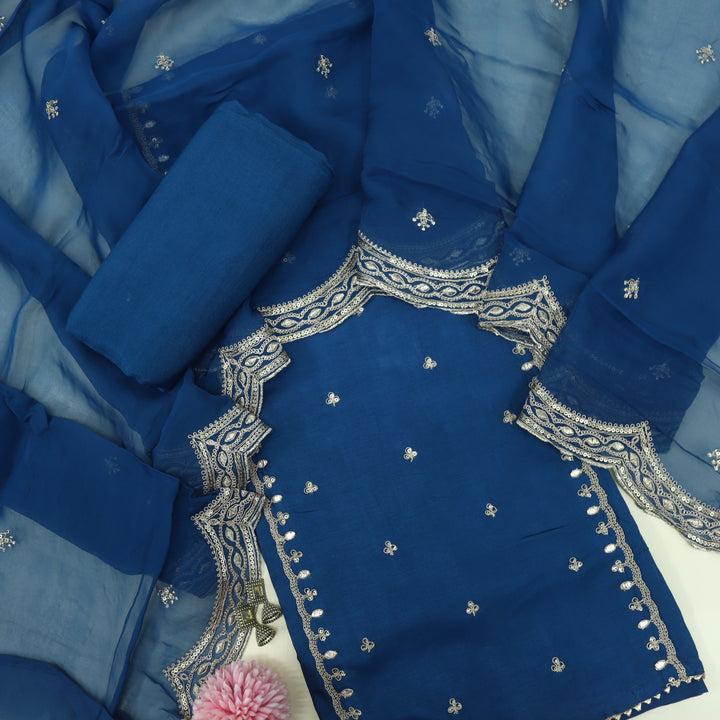 Chaahat Prussian Blue Embroidered  Dola Silk Top with Organza Dupatta