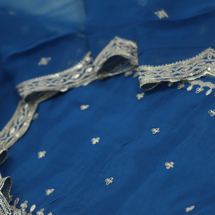 Chaahat Prussian Blue Embroidered  Dola Silk Top with Organza Dupatta