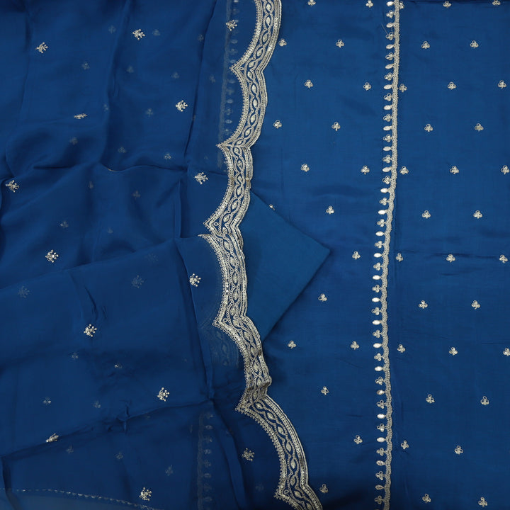 Chaahat Prussian Blue Embroidered  Dola Silk Top with Organza Dupatta