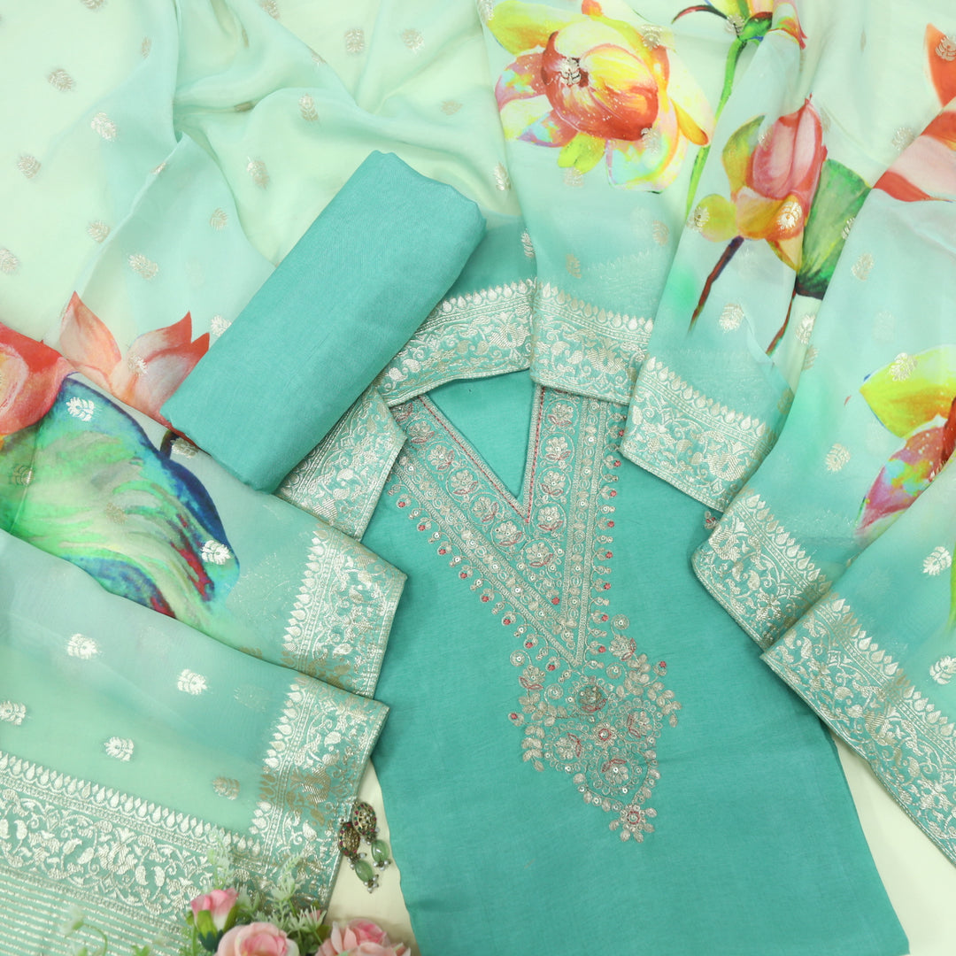 Chaahat Seafoam Green V Neck Chanderi Silk Top With Chanderi Silk Dupatta