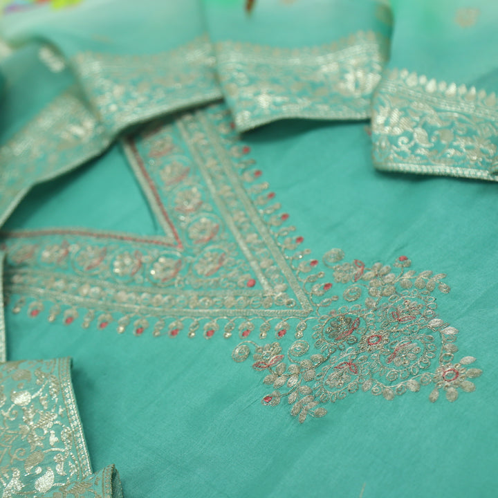 Chaahat Seafoam Green V Neck Chanderi Silk Top With Chanderi Silk Dupatta