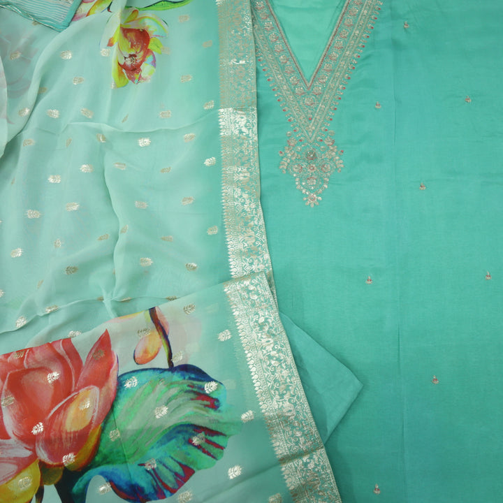 Chaahat Seafoam Green V Neck Chanderi Silk Top With Chanderi Silk Dupatta