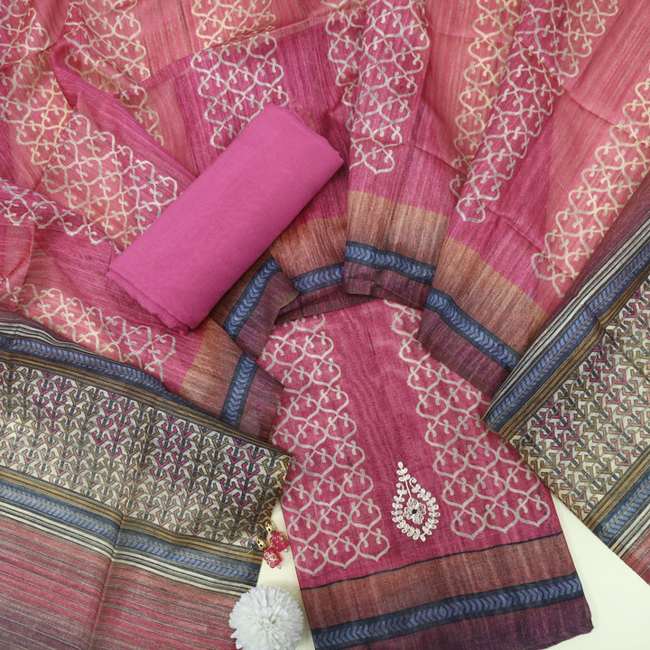 Nayaab French Rose Printed Chanderi Top and Printed Chanderi Dupatta