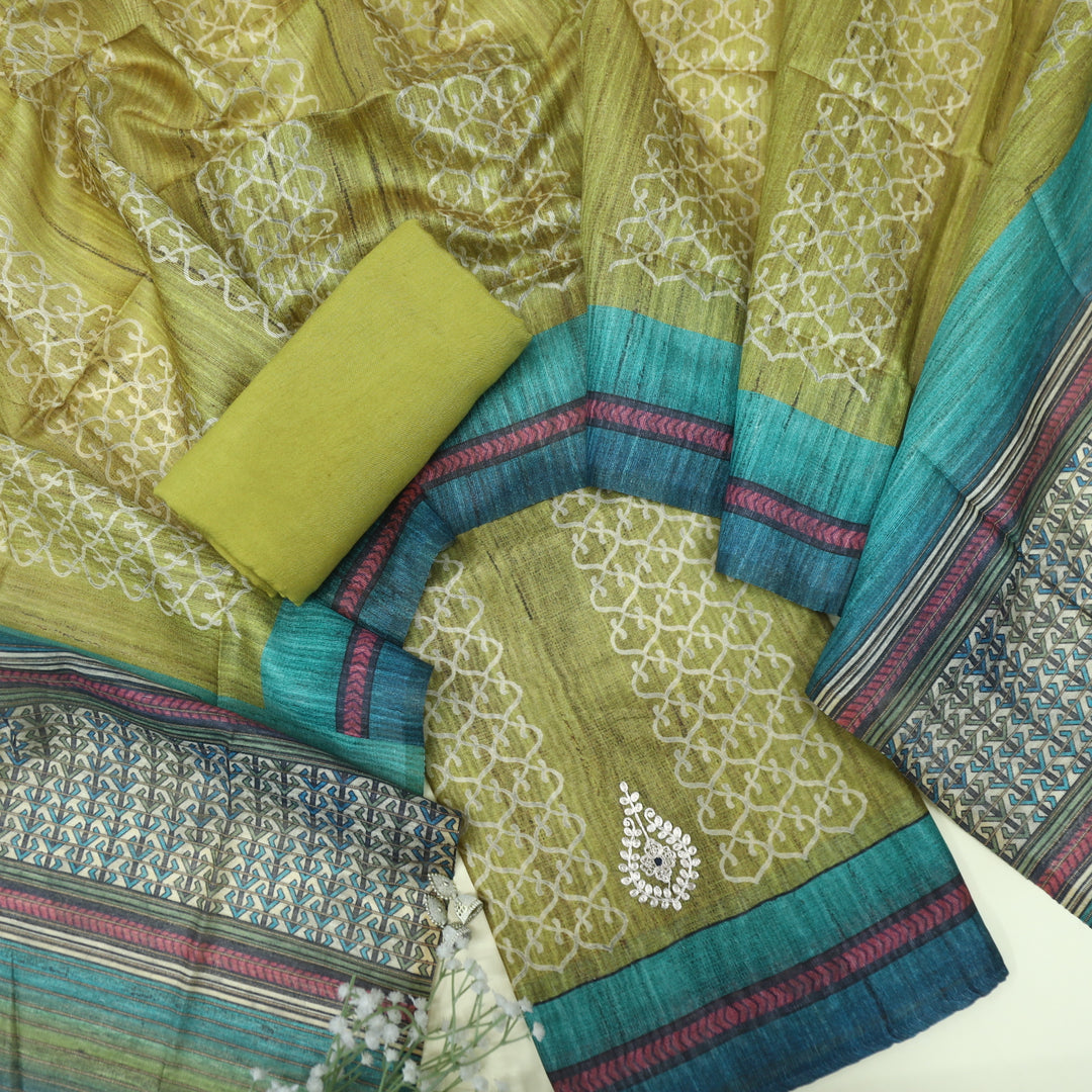 Nayaab Chartreuse Green Printed Chanderi Top and Printed Chanderi Dupatta