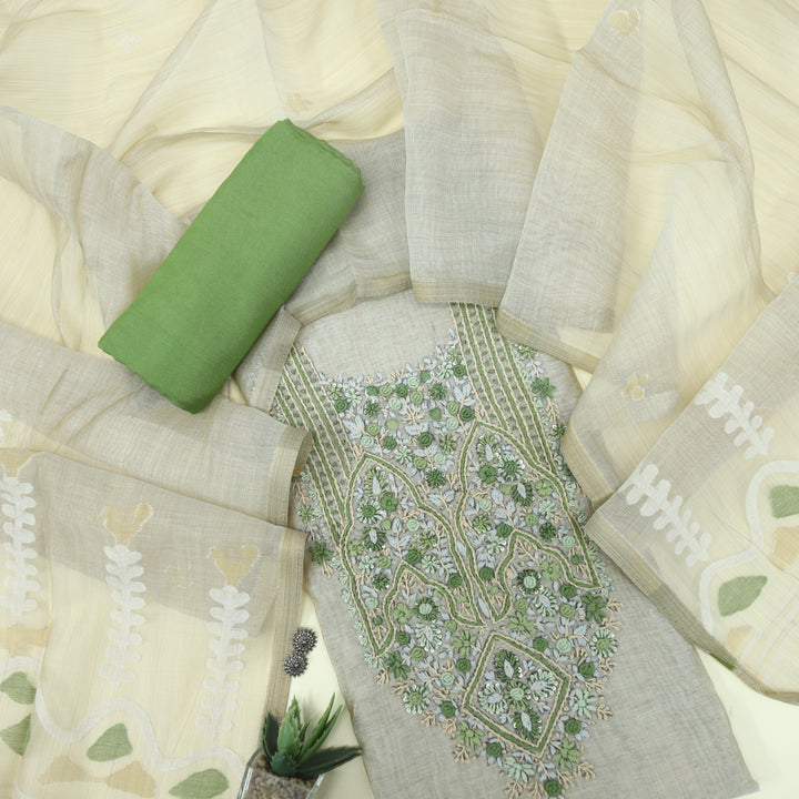 Nayaab Kelly Green Jamdani Top With Tissue Chanderi Dupatta