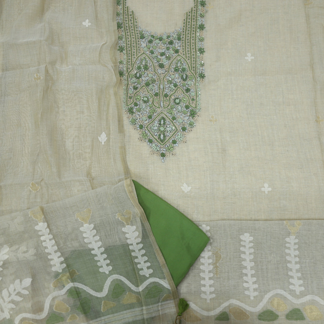 Nayaab Kelly Green Jamdani Top With Tissue Chanderi Dupatta