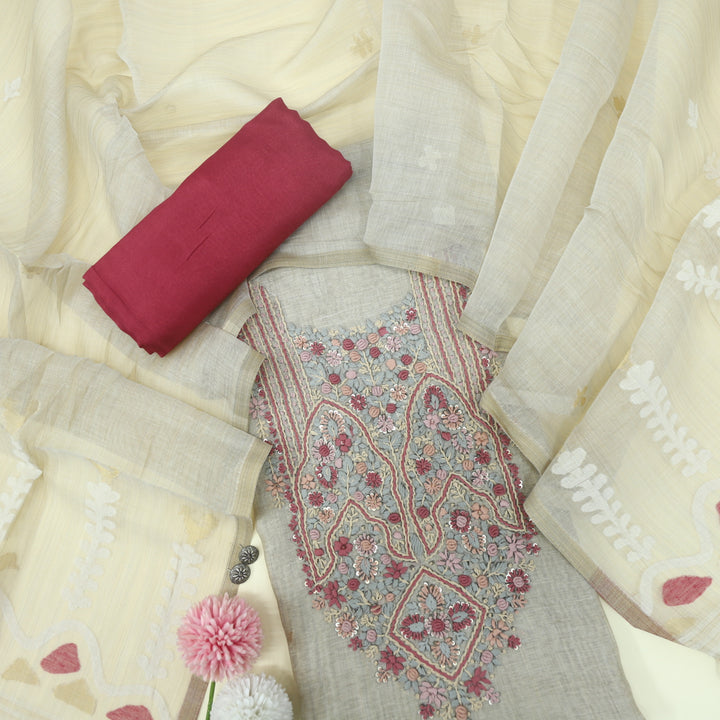 Nayaab Ruby Pink Jamdani Top With Tissue Chanderi Dupatta