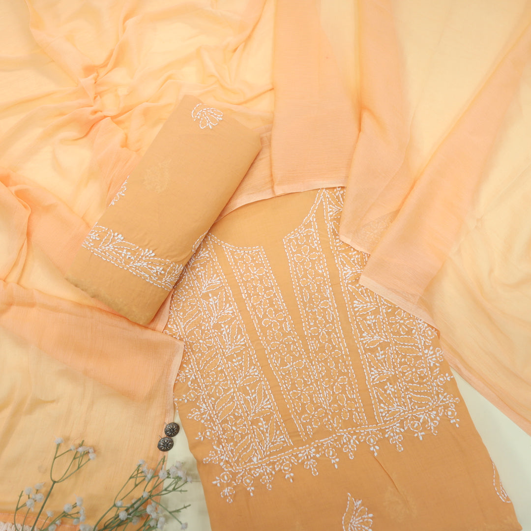 Mohataaz Peach Authentic Chikankari Cotton Top with Chiffon Dupatta-D1