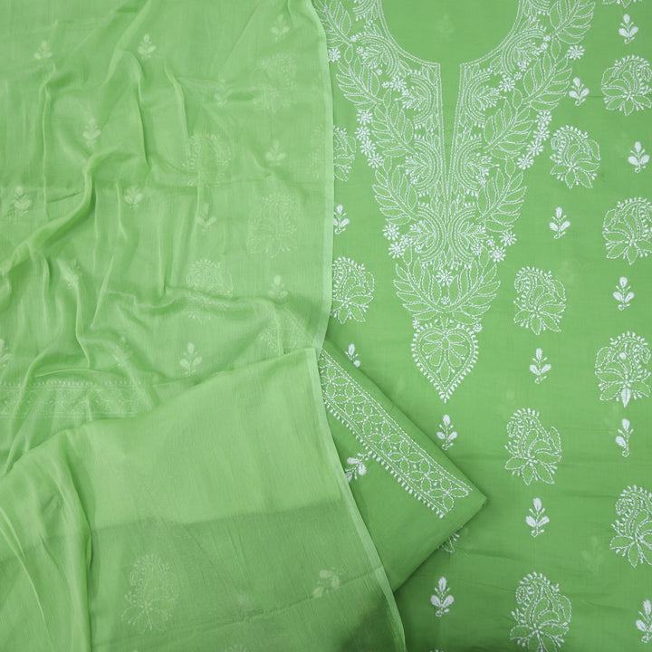 Mohataaz Parrot Green Authentic Chikankari Cotton Top with Chiffon Dupatta-D3