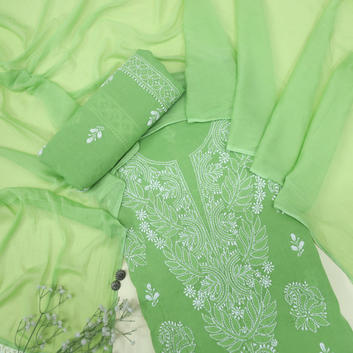 Mohataaz Parrot Green Authentic Chikankari Cotton Top with Chiffon Dupatta-D3