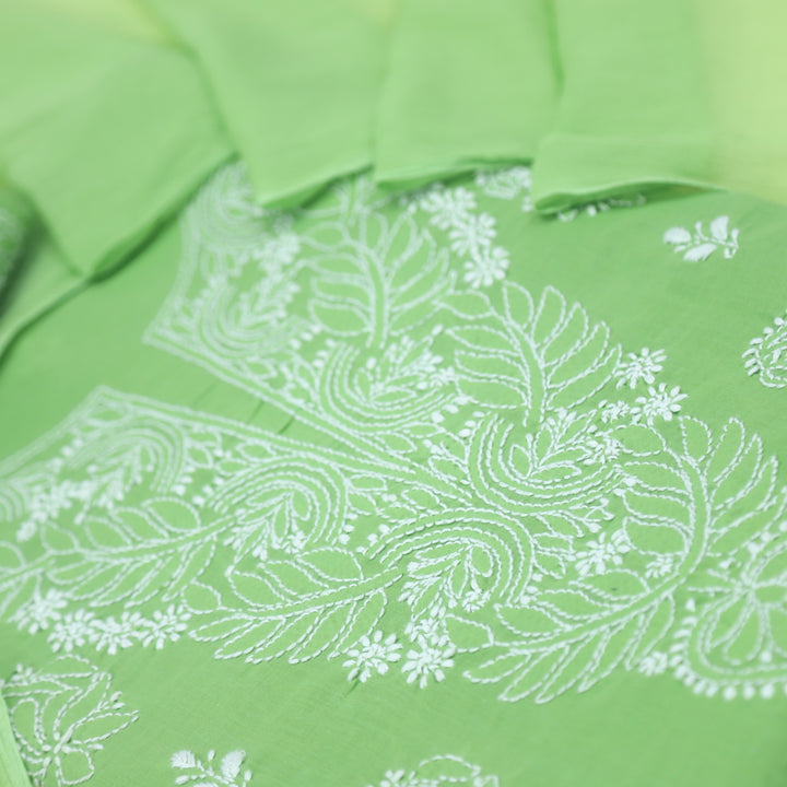 Mohataaz Parrot Green Authentic Chikankari Cotton Top with Chiffon Dupatta-D3