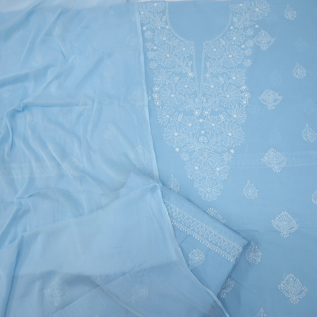 Mohataaz Frost Blue Authentic Chikankari Cotton Top with Chiffon Dupatta-D3