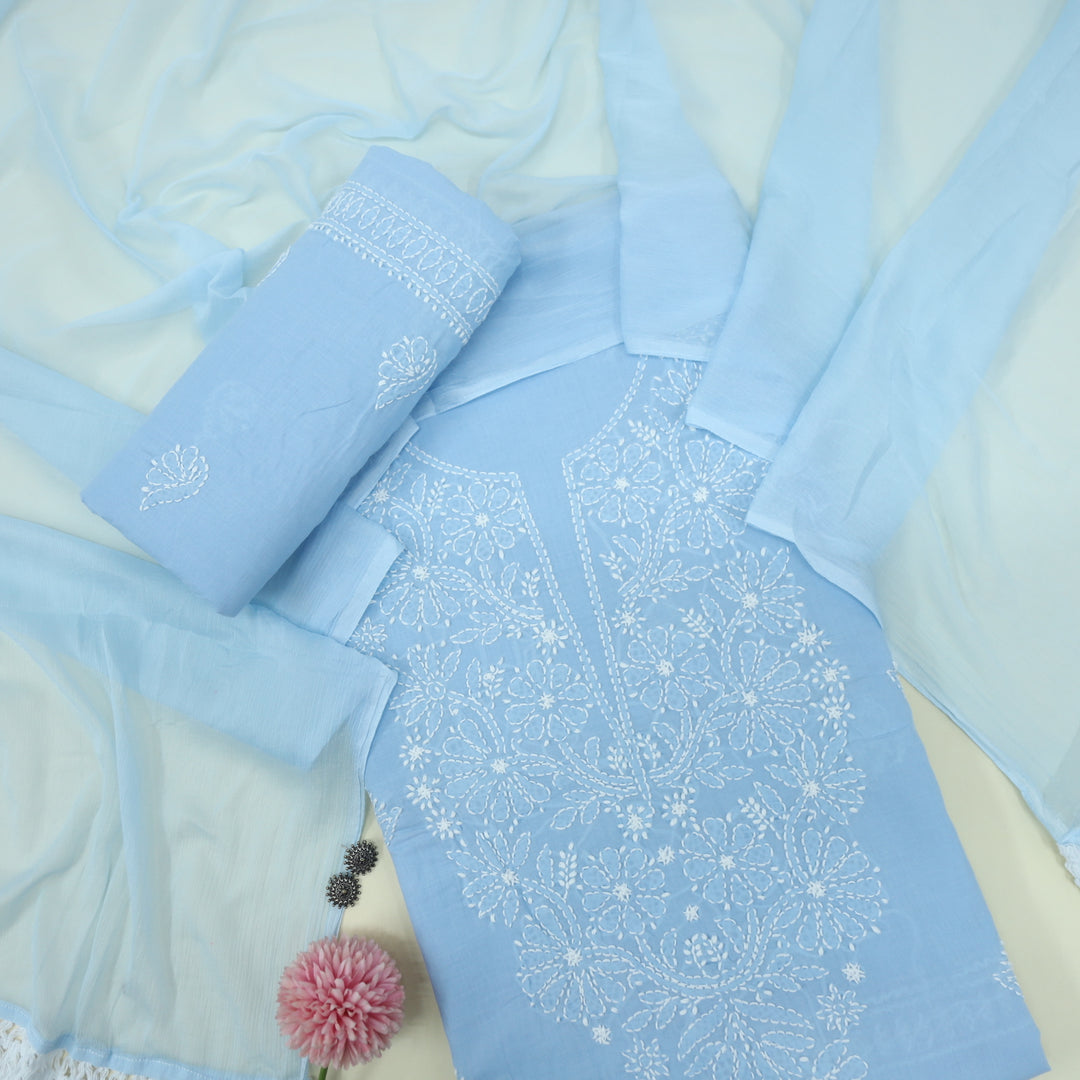 Mohataaz Frost Blue Authentic Chikankari Cotton Top with Chiffon Dupatta-D3