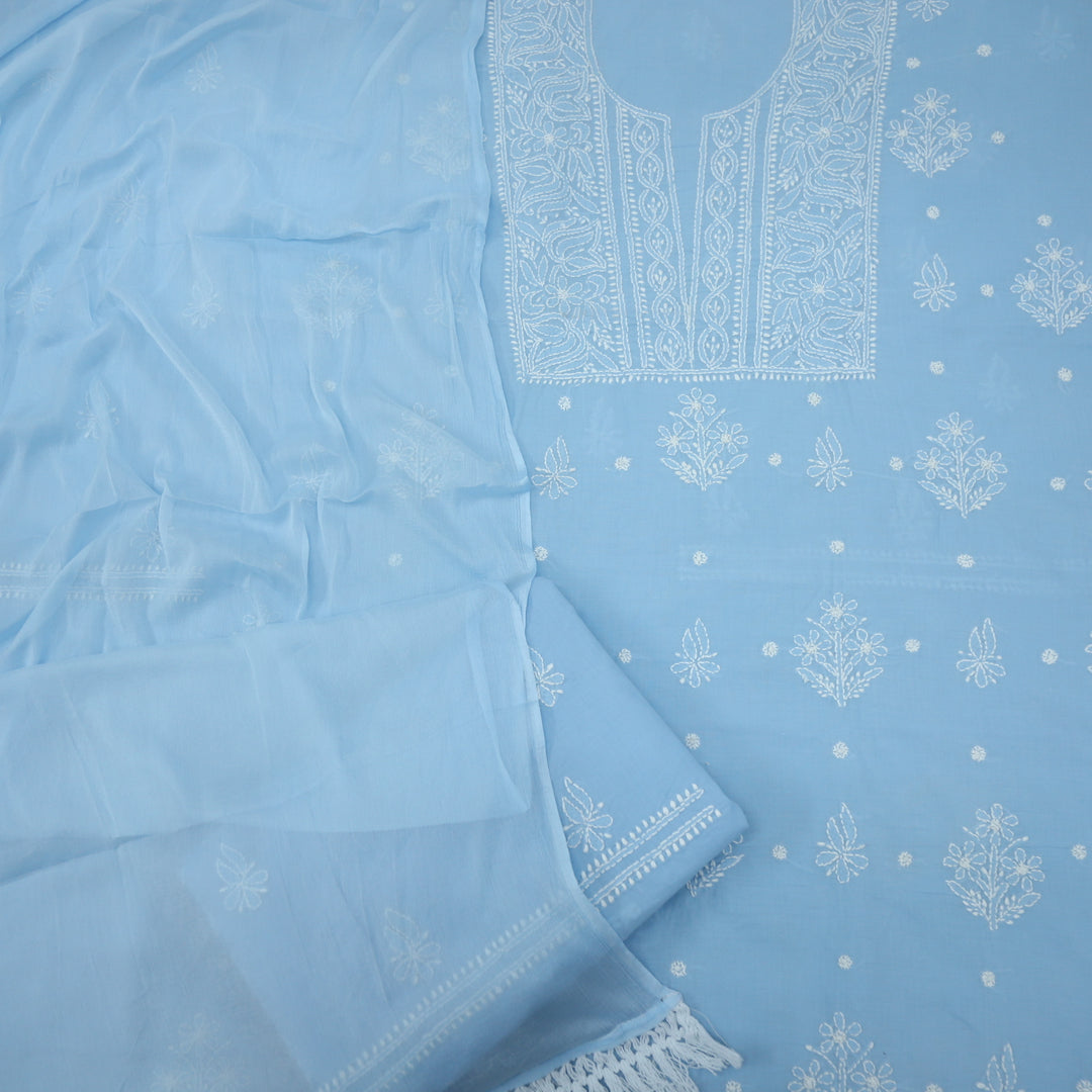 Mohataaz Frost Blue Authentic Chikankari Cotton Top with Chiffon Dupatta-D2