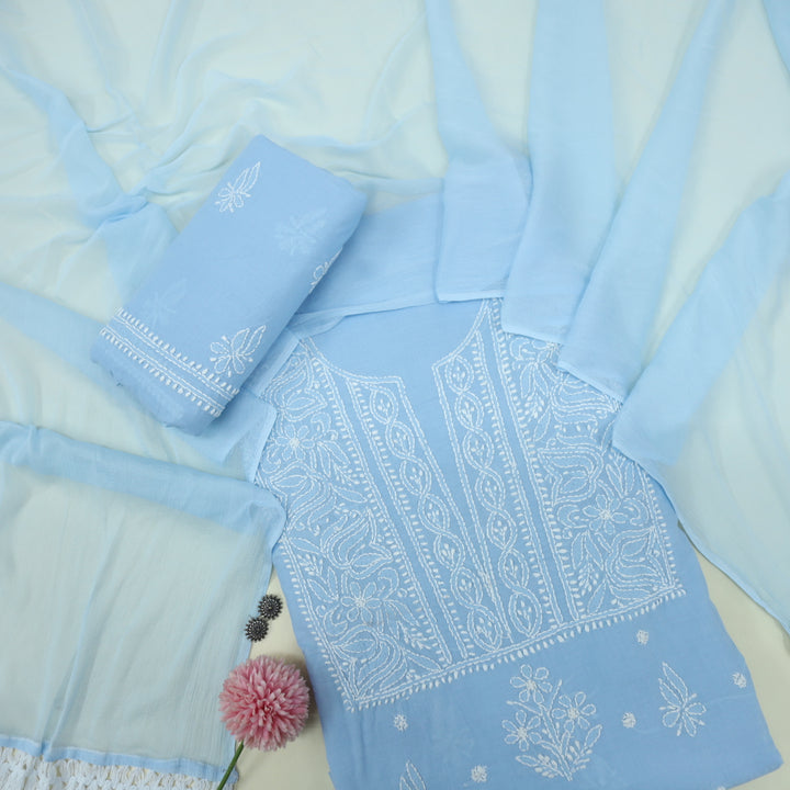 Mohataaz Frost Blue Authentic Chikankari Cotton Top with Chiffon Dupatta-D2