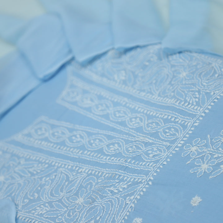 Mohataaz Frost Blue Authentic Chikankari Cotton Top with Chiffon Dupatta-D2