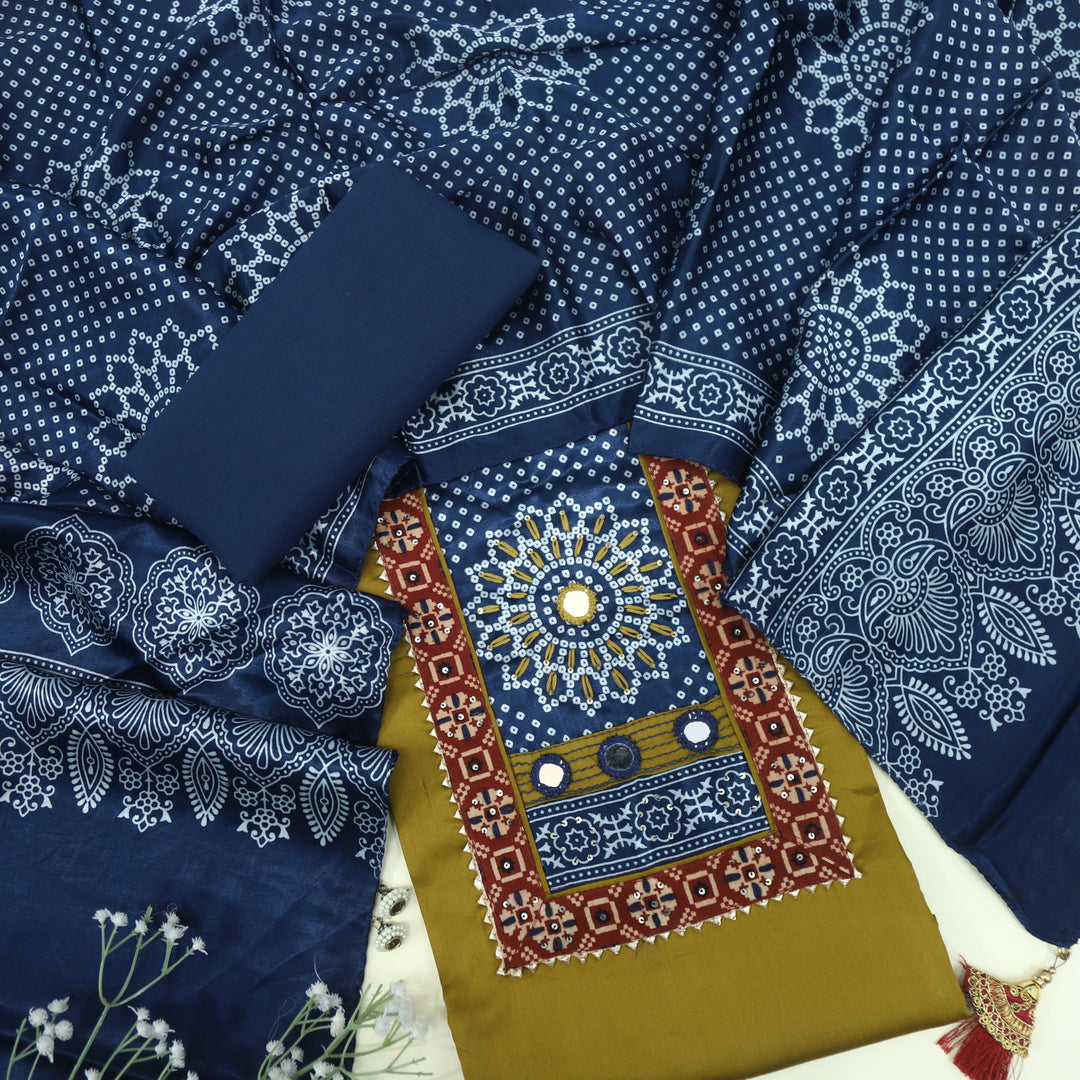 Ruhani Medallion Yellow Glazed Cotton Top With Mashru Stole Dupatta