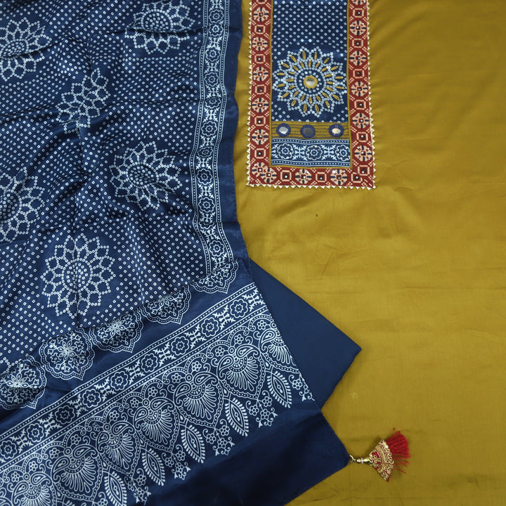 Ruhani Medallion Yellow Glazed Cotton Top With Mashru Stole Dupatta