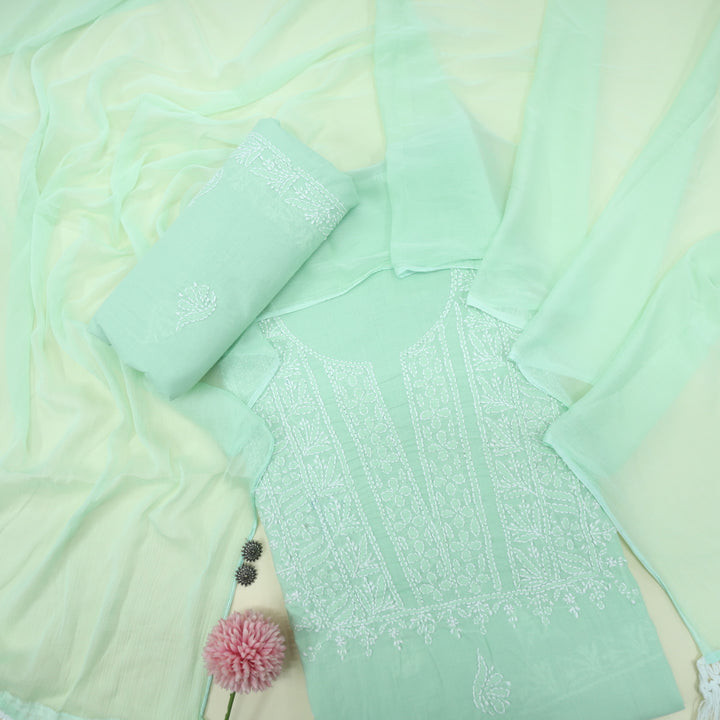 Mohataaz Mint Green Authentic Chikankari Cotton Top with Chiffon Dupatta-D3