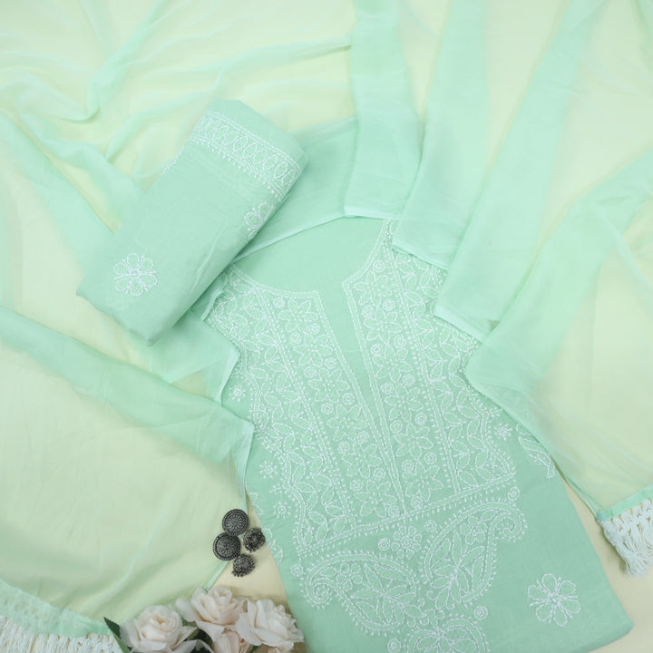 Mohataaz Mint Green Authentic Chikankari Cotton Top with Chiffon Dupatta-D4