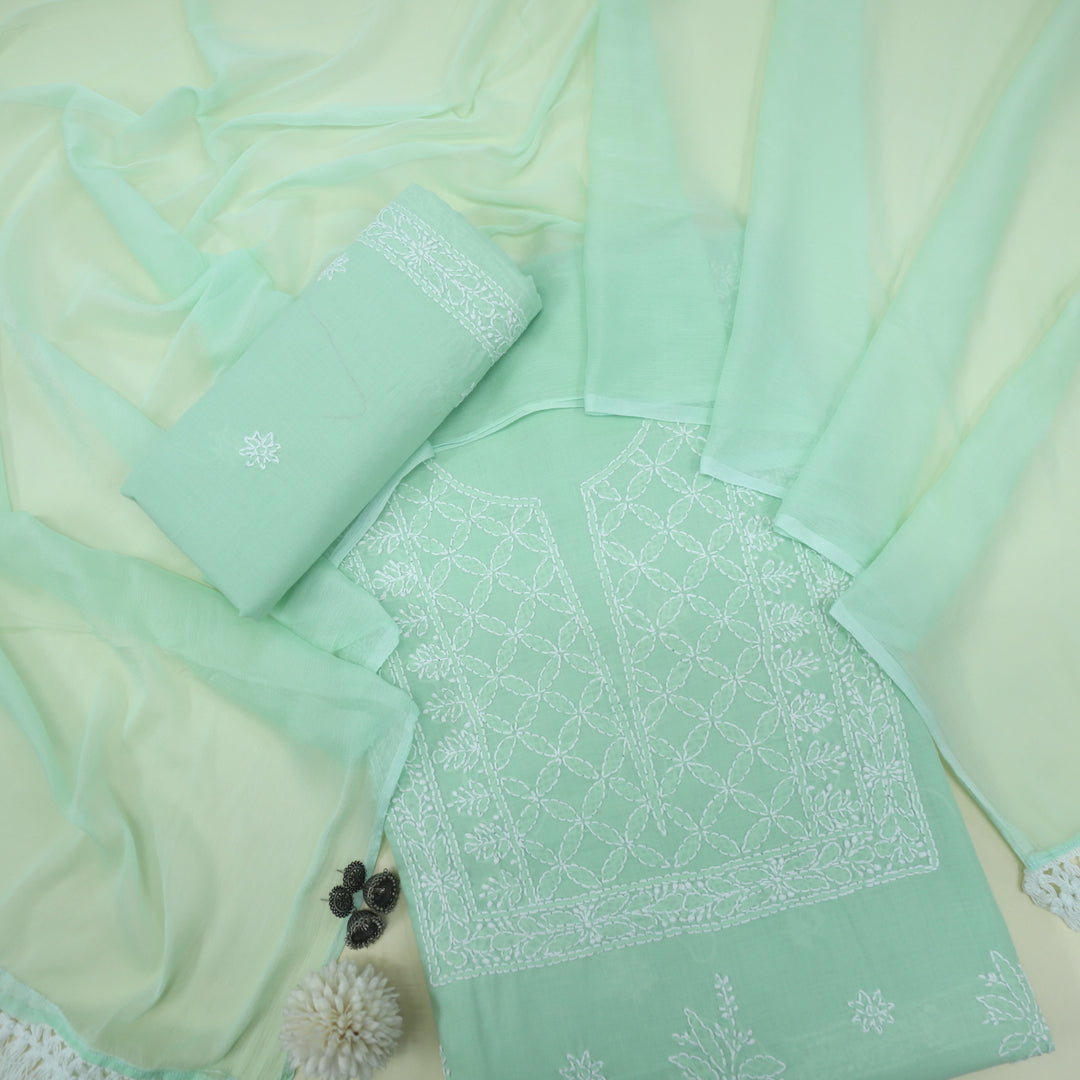 Mohataaz Mint Green Authentic Chikankari Cotton Top with Chiffon Dupatta-D2