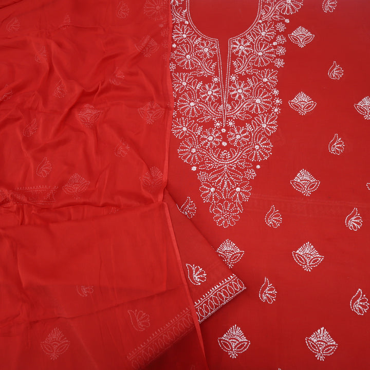 Mohataaz Cherry Red Authentic Chikankari Cotton Top with Chiffon Dupatta-D2