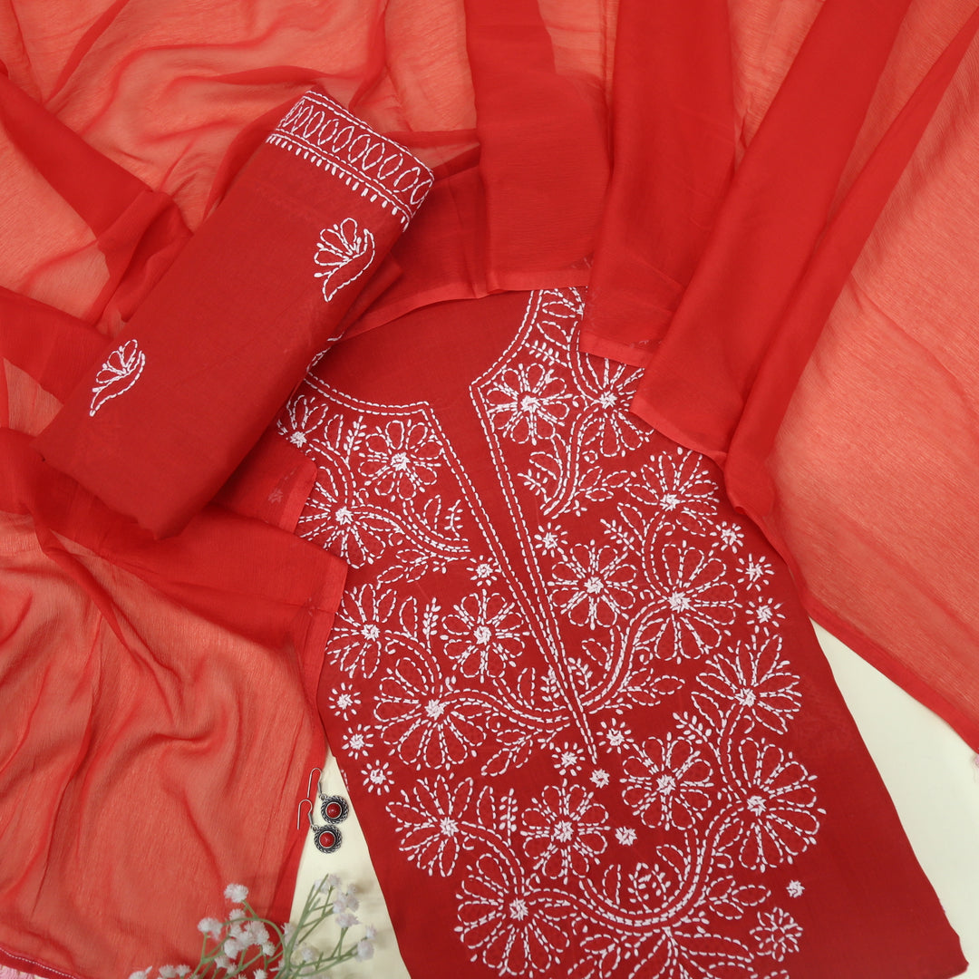 Mohataaz Cherry Red Authentic Chikankari Cotton Top with Chiffon Dupatta-D2