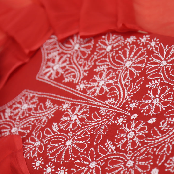 Mohataaz Cherry Red Authentic Chikankari Cotton Top with Chiffon Dupatta-D2