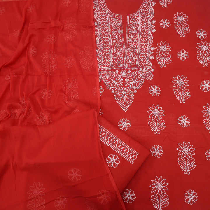 Mohataaz Cherry Red Authentic Chikankari Cotton Top with Chiffon Dupatta-D3