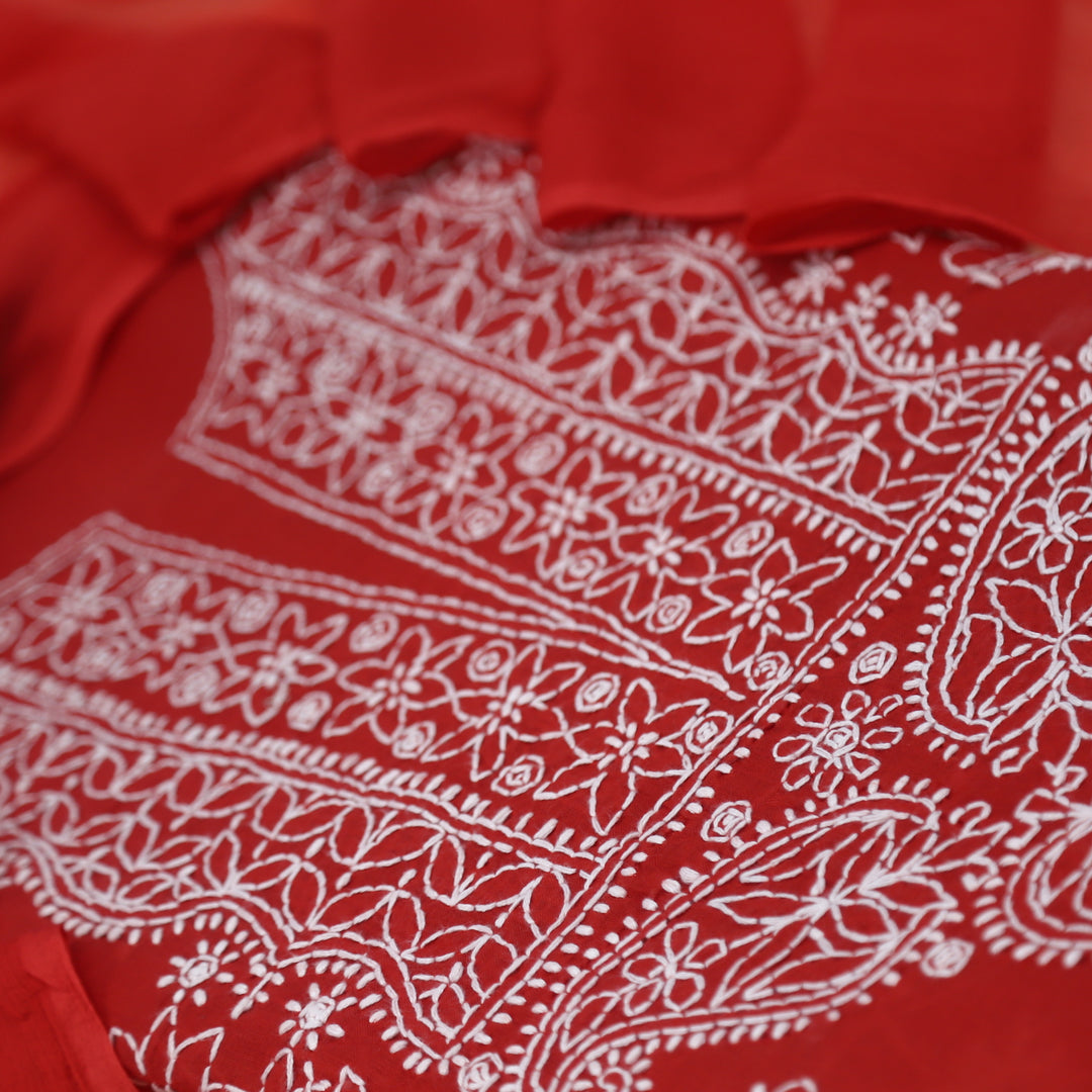 Mohataaz Cherry Red Authentic Chikankari Cotton Top with Chiffon Dupatta-D3