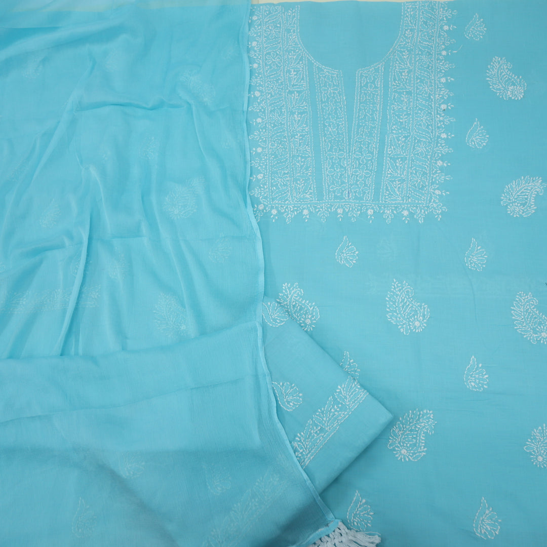 Mohataaz Arctic Blue Authentic Chikankari Cotton Top with Chiffon Dupatta-D3