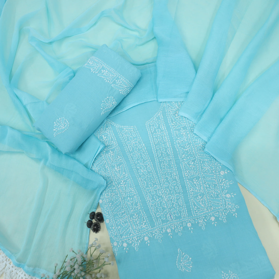 Mohataaz Arctic Blue Authentic Chikankari Cotton Top with Chiffon Dupatta-D3