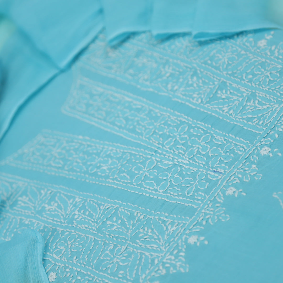 Mohataaz Arctic Blue Authentic Chikankari Cotton Top with Chiffon Dupatta-D3