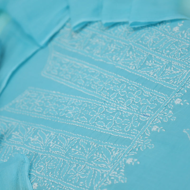 Mohataaz Arctic Blue Authentic Chikankari Cotton Top with Chiffon Dupatta-D3