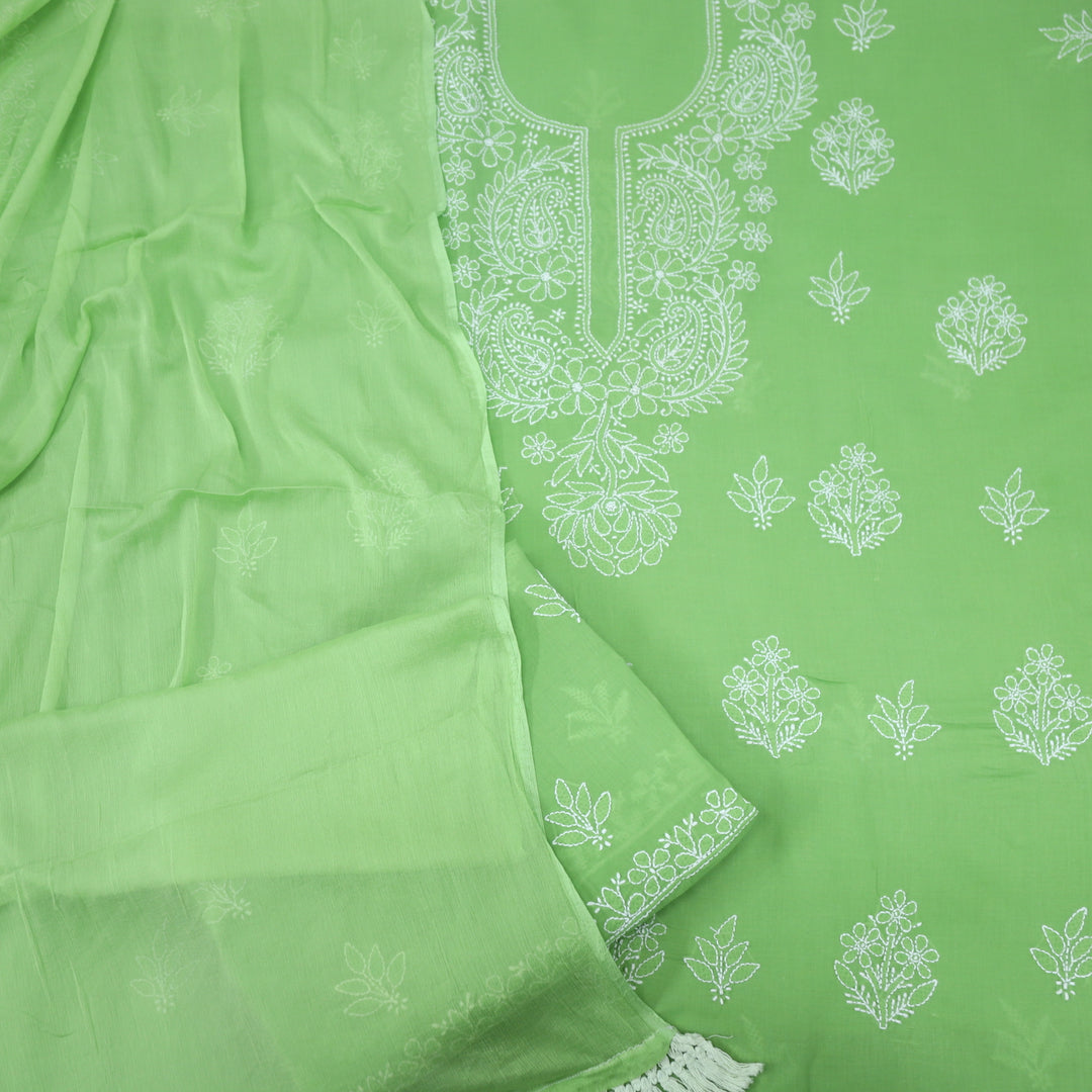 Mohataaz Parrot Green Authentic Chikankari Cotton Top with Chiffon Dupatta-D2