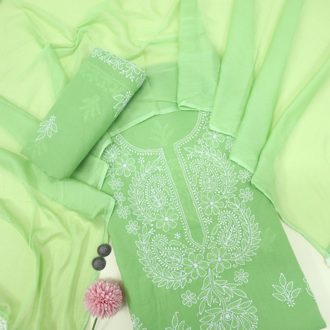 Mohataaz Parrot Green Authentic Chikankari Cotton Top with Chiffon Dupatta-D2