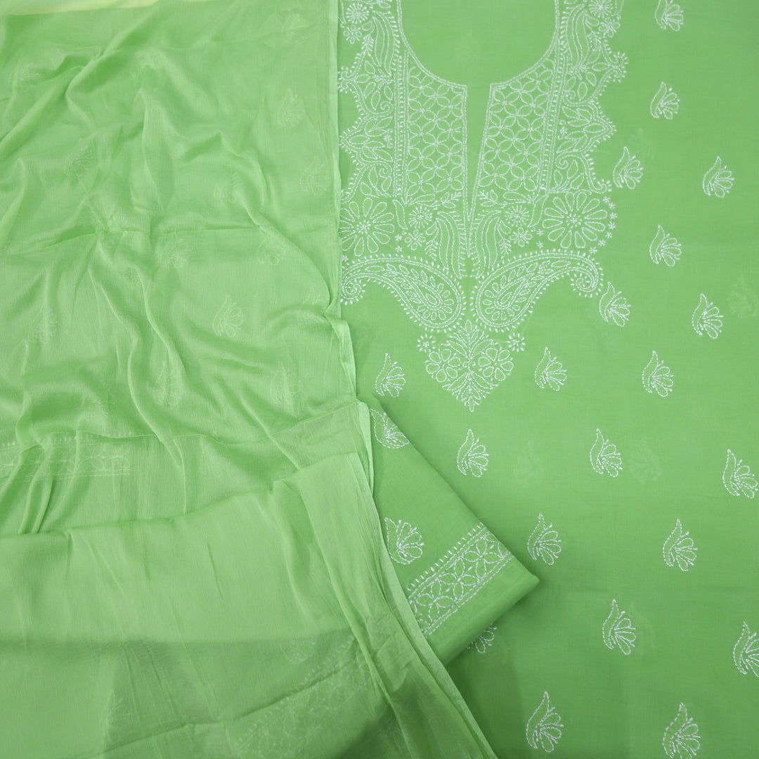 Mohataaz Parrot Green Authentic Chikankari Cotton Top with Chiffon Dupatta-D1