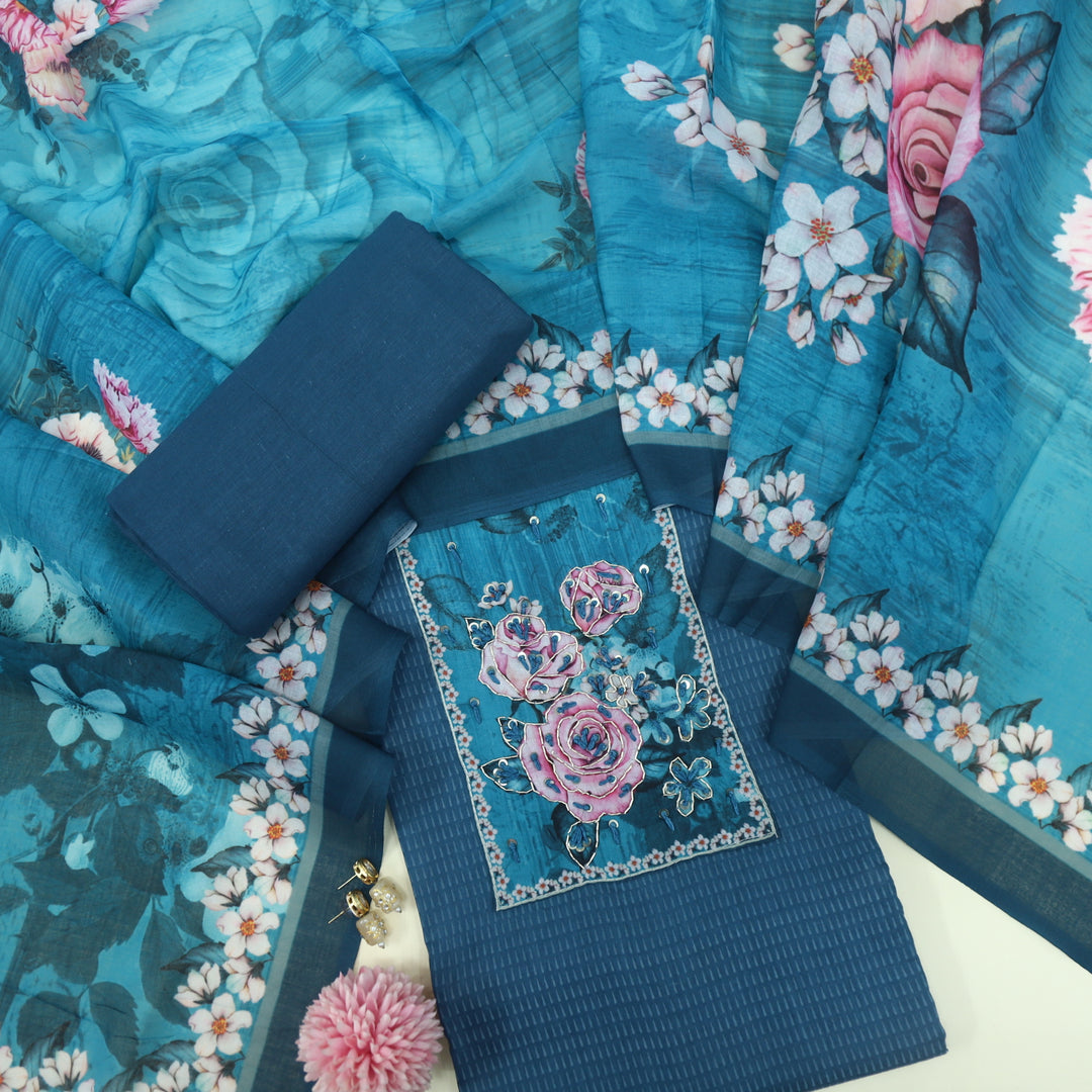 Qaasid Aegean Blue Cotton Top and Printed Cotton Dupatta