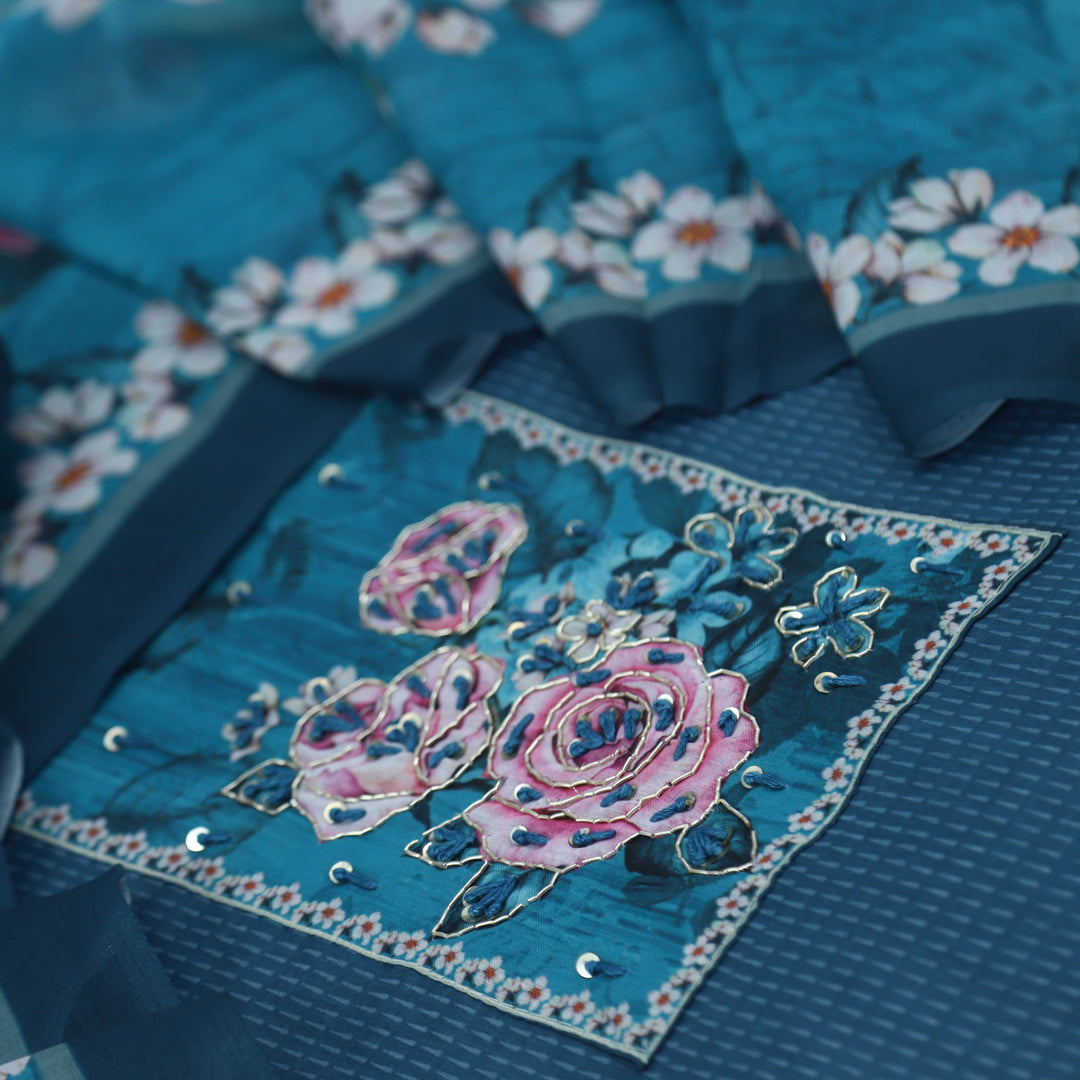 Qaasid Aegean Blue Cotton Top and Printed Cotton Dupatta