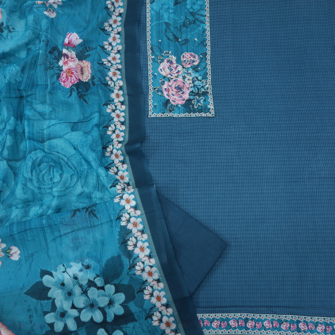 Qaasid Aegean Blue Cotton Top and Printed Cotton Dupatta